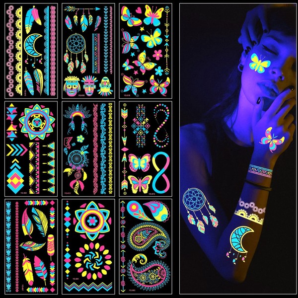 ACWOO Neon Temporary Tattoos, 9PCS 200+ Multiple Designs Glow in the Dark Neon Tattoos, Flash UV Neon Fake Waterproof Tattoo Stickers Rave Festival Accessories for Women Girls Party Supplies (9PCS)