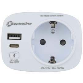 Electraline 70036 Travel Adaptor USA, Germany Plug, USA Adapter Socket with 2 USB (A+C) Max 15.5 W