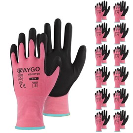 KAYGO Safety Work Gloves PU Coated-12 Pairs, KG11P Seamless Knit Glove with Polyurethane Coated Smooth Grip on Palm & Fingers, for Men and Women, Ideal for General Duty Work,Pink,Medium