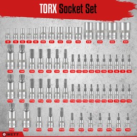WETT Master Torx Bit Socket and External Torx Socket Set, 60-Piece 1/4", 3/8", 1/2" Drive E-Torx Sockets (E4-E24, T6-T70, TT6-TT70, TP8-TP60), S2 and CR-V Steel