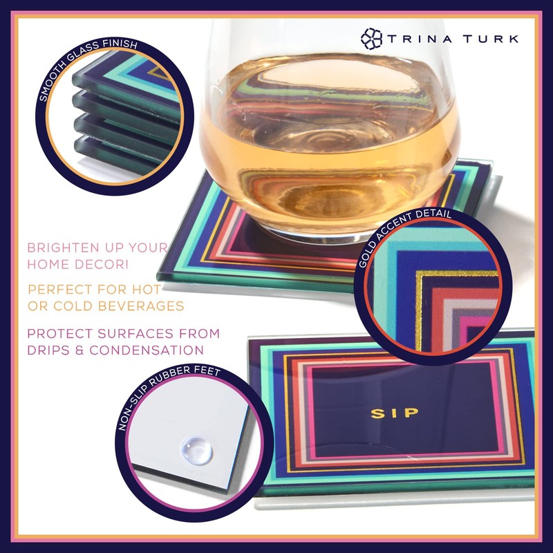 Trina Turk Glass Drink Coasters, Set of 4 Absorbent Beverage