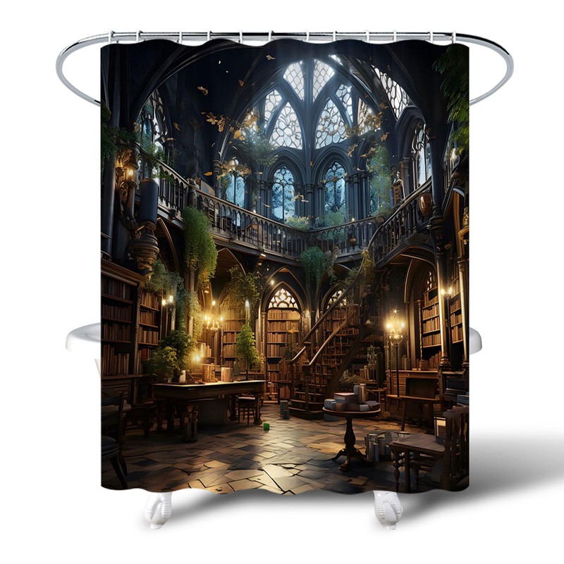 Gothic Library Shower Curtain Retro Room for Study in The