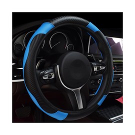 Povtii - Funda para volante de coche, de piel transpirable de 15 pulgadas, cómoda funda antideslizante para volante de vehículo, accesorios universales para interior de coche (negro + azul)