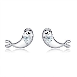 DAYLINLOVE Seal Earrings 925 Sterling Silver Stud Earrings with Seal Heart and Cubic Zirconia Ocean Jewellery Gifts for Women Gifts for Seal Lovers, Sterling Silver, No Gemstone