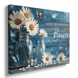 Framed Motivational Floral Print Butterfly Daisy Flower Picture Wall Decor Gift Blue Rustic Painting Country Farmhouse Inspirational Canvas Wall Art for Living Room Bathroom (12"x16")