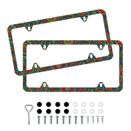 Boho Mandala Flowers License Plate Frame - Unobstructed Narrow-Edge 2 Packs Universal Stainless Steel Car License Plate Frames Holder Solid Holder with 4 Holes Rustproof for Men Women
