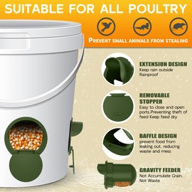 Chicken Feeder Port 8pcs Poultry No Waste Port Kit with Stopper Lid, 1 Hole Saw, DIY Automatic Reusable Coop Feeders, Rain Proof Gravity Feeding Geese Duck Hens Rooster for Bucket Barrel Bin (Green)