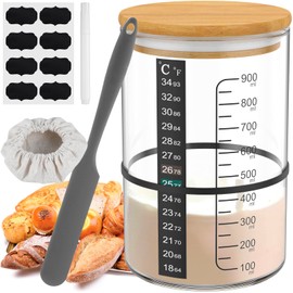 Sourdough Starter Jar 900ml Wide Mouth Sourdough Starter Container Reusable Fermentation Jar Sourdough with Wooden Lid Thermometer Strip Spatula Rubber Band Cloth Cover Lable Pen for Bread Baking