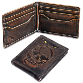 DK86 Skull Wallet for Men with Money Clip Genuine Leather Bifold RFID Blocking Mens Slim Front Pocket Wallet with Hand Burnished