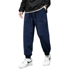 WZIKAI Mens Corduroy Pants Elastic Waist Drawstring Tapered Joggers Sweatpants Casual Long Fashion Trousers with Pockets Navy Blue L