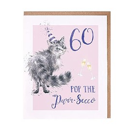 Wrendale Cat Happy 60th Birthday Card - Pop The Prosecco Party Animals Card