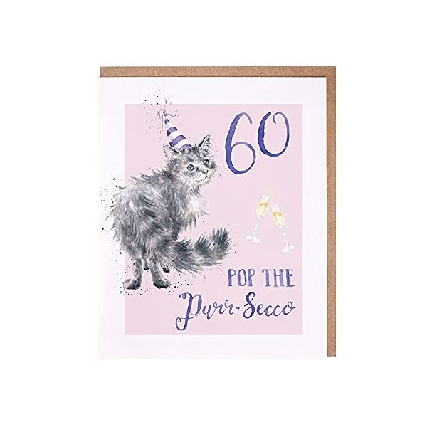 Wrendale Cat Happy 60th Birthday Card - Pop The Prosecco