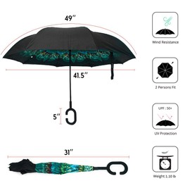 Parquet Peacock Double Layer Inverted Umbrellas - C Shaped Handle Reverse Folding Windproof Umbrella for Men and Women