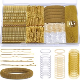 IKOCO Set De 415 Horquillas Para El Cabello, 200 Horquillas En Forma De U Y Ligas Elásticas Para El Cabello Con Redecilla, Color Dorado