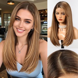 HAIRCUBE 13x6 HD Transparent Lace Front Wig, Ombre Chestnut Brown Long Straight Synthetic Glueless Wig with Natural Density Hairline & Adjustable Cap