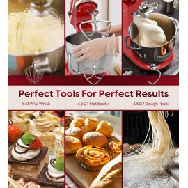 Stainless Steel Accessories 3 Piece Kit for KitchenAid 4.5 and 5 Quart Tilt-Head Stand Mixers, Includes 4.5-5QT Flat Beater, Dough Hook, K45WW 6-Wire Whisk for Kitchen Aid Attachments & 4.5-5 Qt Bowl
