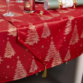 Celebright Christmas Tasselled Table Runner - 13 x 72 Inches (33 x 183cm) - Ideal Xmas Dinner Table Decorative Settings - Metallic Christmas Tree Embossed Design - Red & Metallic Gold