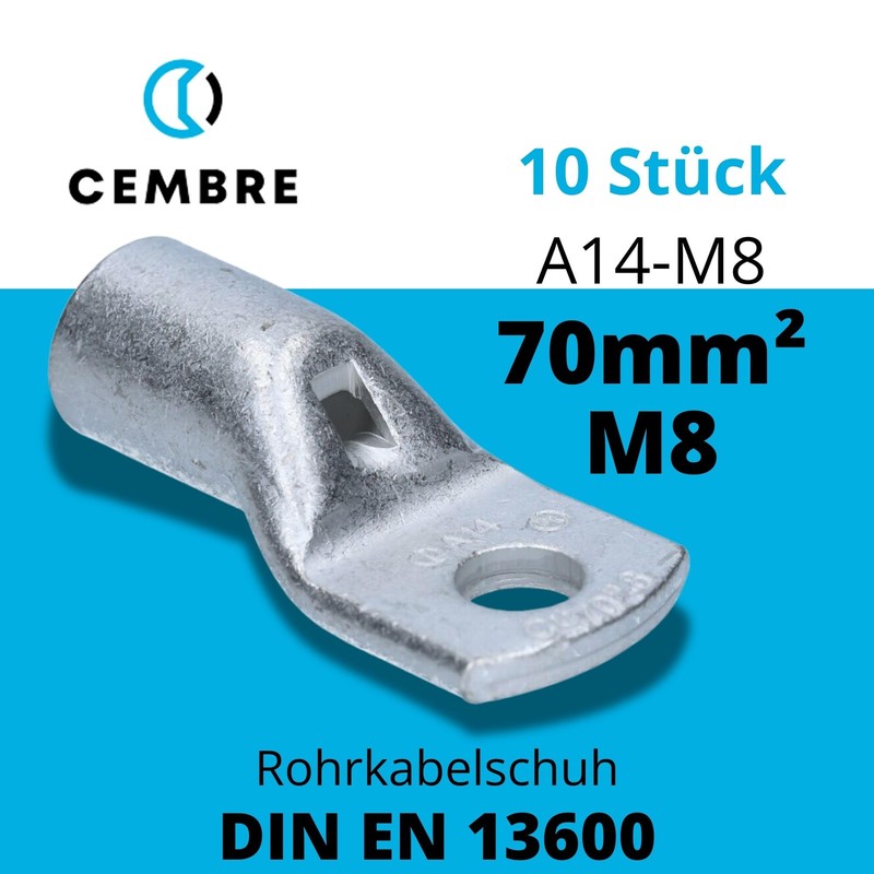 Cembre A14-M8 Tubular Cable Lug 70 mm² M8 Uninsulated Tin-Plated
