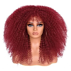 Lizzy Curly Afro Wigs for Black Women, 18 Inch Afro Bomb Curly Wig with Bangs, Synthetic Fibre, Glueless, Long, Kinky Curly Hair Wigs for Daily Party (Red)