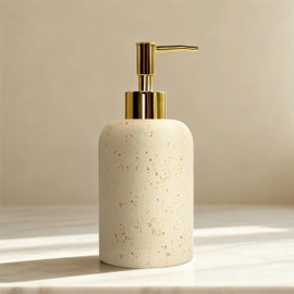 SEICASAYA 13.5 oz Bathroom & Kitchen Countertop Soap Dispenser, Travertine-Look Durable Resin Bottle with ABS Pump (Beige)