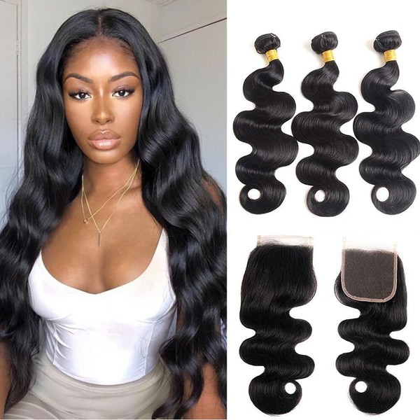 Brazilian Virgin Human Hair Body Wave with Closure 100% Unprocessed Body Wave 3 Bundles with 4x4 Lace Closure Free Part Natural Black Color (BW 14 16 18+12)