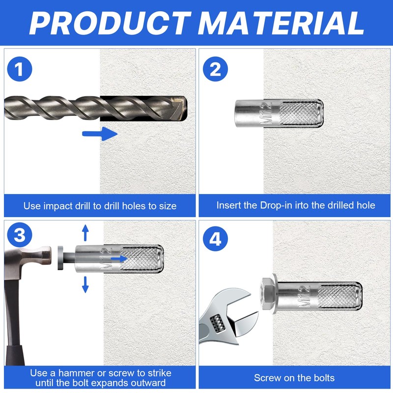 Elesunory 60 Pcs 1/4" 5/16" 3/8" 1/2" Concrete Anchors, Zinc-Plated