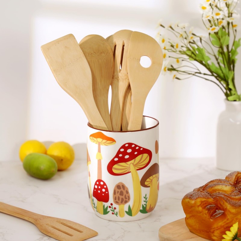 Nefelibata Mushroom Ceramic Utensil Holder Rustic Functional Utensil Crock Kitchen