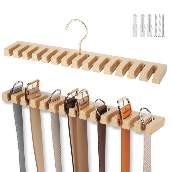 ZEDODIER Belt Hanger for Closet, Sturdy Wood Belt Rack for Men and Women, 14 Storage Capacity, Space Saving Hanging Belt Holder for Closet Organizers and Storage, Natural