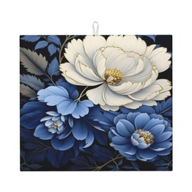 Yamxbfa Dish Drying Mats Rustic Blue White Peony Big Floral Flower Kitchen Draining Mat Non slip hangable Cutlery Drying Mats for Kitchen Counter Coffee Bar Dinning Room Decor 16"x18"