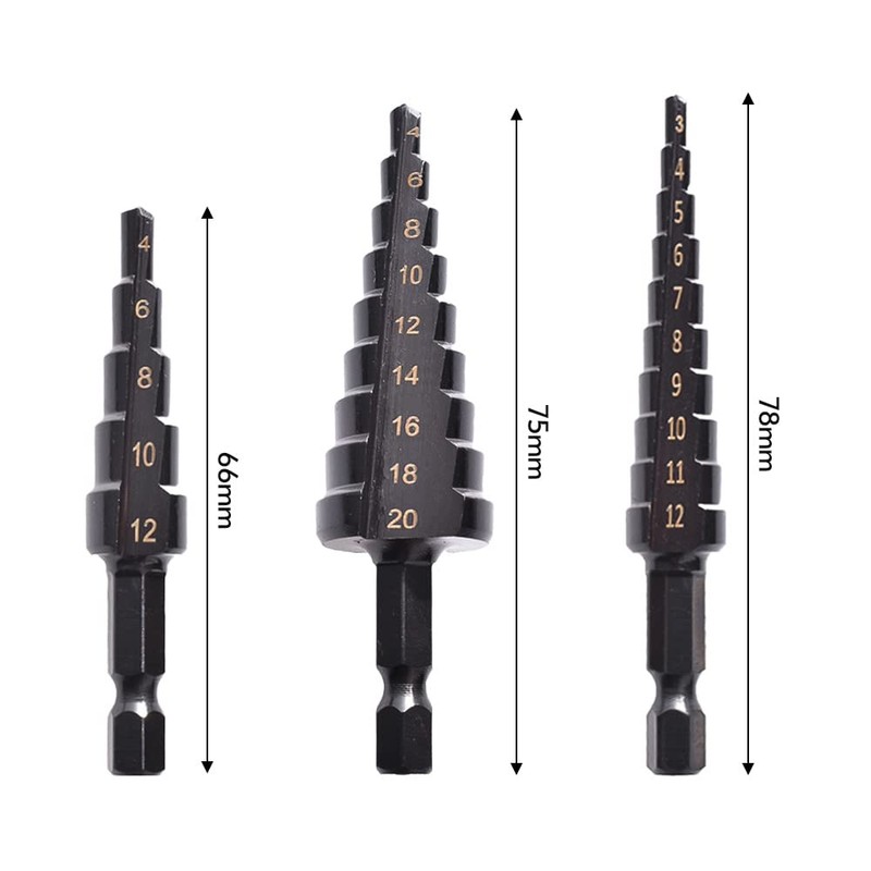 3PCS HSS Cobalt Stepped Drill Bit Set Practical Black Nitride