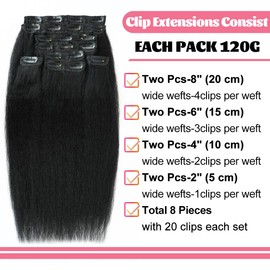 14 Inch Kinky Straight Clip in Hair Extensions Real Human Hair 8Pcs 130g Kinky Clip Ins Full Head Brazilian Remy Hair Extensions for Women Natural Black Double Weft With 20 Clips