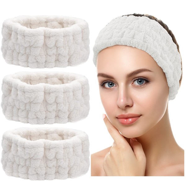 Chuangdi 3 Pieces Spa Facial Headband for Makeup and Washing Face Women Spa Yoga Sports Shower Facial Head Band Elastic Head Wrap for Girls and Women (White)