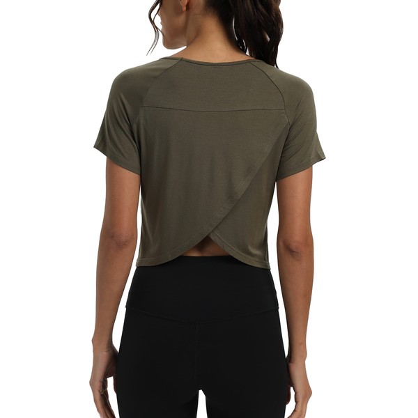 Mippo Cropped Workout Tops Gym Shirt Athletic Wear Yoga Apparel Exercise Fitness Crop Top Going Out Tshirts Dance Pilates Clothes for Women Army Green M