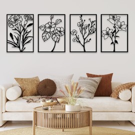 ZNZAPO 4 Pcs Black Metal Flower Wall Art, Abstract Line Art Wall Decor, Minimalist Floral Wall Hanging Art, 3d Wall Art Sculptures Decor for Living Room Bedroom Bathroom (11 × 15.7”)