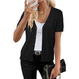 Arach&Cloz Women's Lightweight V-Neck Cardigan Elegant Short Sleeve Buttons Bolero Jacket Casual Top for Dress, black, XL