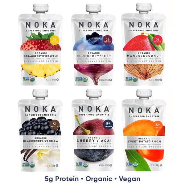 NOKA Superfood Pouches | 100% Organic Fruit And Veggie Smoothie Squeeze Packs | Non GMO, Gluten Free, Vegan, 5g Plant Protein (Variety, Pack of 6)
