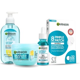 Kit Garnier KO Anti-imperfecciones: Rutina Express Aclara con Ácido Salicílico con Gel Limpiador Facial + Serum Anti Acne + Hidratante Facial Toque Seco Efecto Mate + Pimple Parches Invisibles