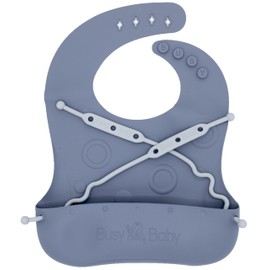 BUSY BABY - Silicone Baby Bib & Bungees, 1-Stop-Drop Travel Bib, 2-Silicone Bungees that Easily Attach to Bib & Keep Things Off the Floor (Pewter)