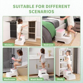 MangoHood 2 Step Stools for Kids - Double up Toddlers Multifunctional Toilet Step Stool for Kids, Anti-Slip Step Stool for Bathroom Sink, Potty Training, Kitchen (Pink-2Packs)