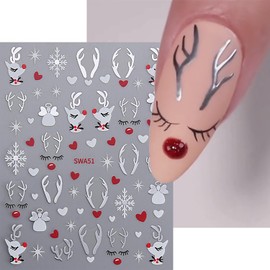 Christmas Nail Art Stickers Gold Silver Elk Nail Decals Winter Xmas Nail Stickers 3D Self Adhesive Nail Decoration Snowflake Reindeer Nail Design Christmas Nail Art Decals for Women Nail Decorations