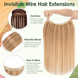 Benehair Real Human Hair Wire Extensions for Women One Piece Straight Adjustable #12P613 Golden Brown Mix Bleach Blonde Invisible Wire Clip in Hair Extensions 14 Inches (60g)