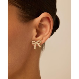 PAVOI Rhodium Plated Cubic Zirconia Bow Stud Earrings for Women | Coquette Earring Pair