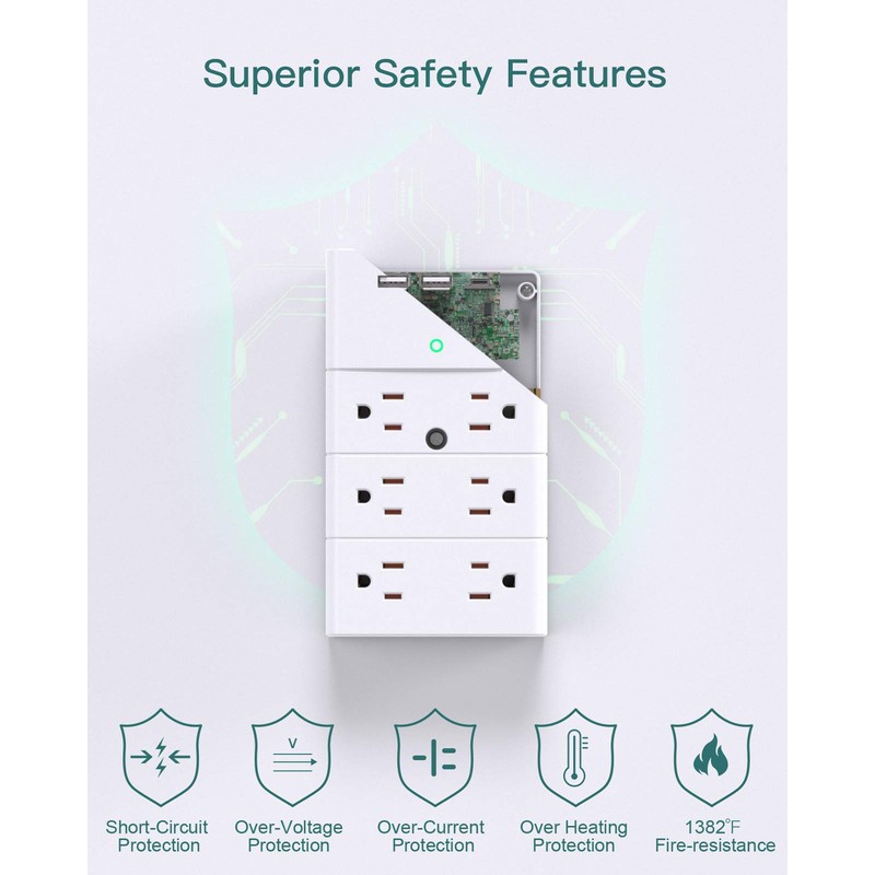 Addtam Multi Plug Wall Outlet, Surge Protector Wall Mount with