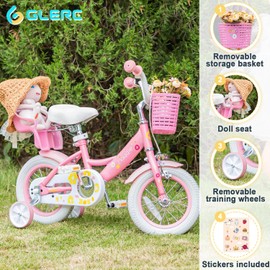 Glerc 16 Inch Kids Bike for 4 5 6 7 Years Old Little Girls Cute Bicycles with Basket Training Wheels and Bell,Color Pink & White