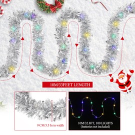 33FT Christmas Tinsel Garland with LED Lights Metallic Twist Tinsel Garland Prelit Battery Operted Lighted Xmas Hanging Garland for Christams Tree Stair Mantle Decor Party Supply (Silver)