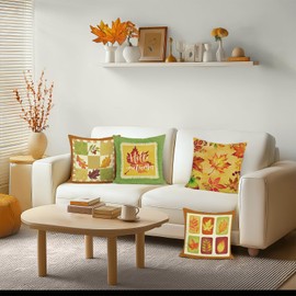 Bonhause Autumn Maple Leaves Cushion Covers 45 x 45 cm Yellow Orange Green Leaf Polyester Linen Decorative Throw Pillow Covers for Sofa Bed Home Garden Outdoor Decor Set of 4