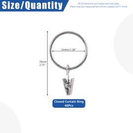 Glarks 40Pcs 35mm/1.4 Inch Sliver Curtain Rings with Clips, Rustproof Metal Drapery Curtain Hanging Rings with Drapery Clips, Decorative Curtain Rod Clips Rings Hangers for Window Door Shower Curtain