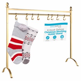 BIRDROCK HOME 8 Hook Deluxe Christmas Stocking Holder Stand - Heavy Duty Freestanding Rack with Removable Stocking Hooks - Iron Metal Design for Hanging Stockings, Ornaments, and Holiday Decor - Gold