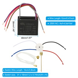 PATIKIL CBB61 Ceiling Fan Capacitor, 1Set 4+4.5+5uF 250V AC 50/60HZ 4 wires with 3 Speed Fan Switch for Air Conditioner Fan Motor Star Run Capacitors