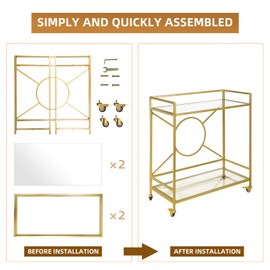 Palama Gold Bar Cart for The Home, Large Mid Century Bar Cart Simply Assembled in 10 Minutes, 2-Tier Rolling Storage Cart with 2 Transparent Tempered Glass Shelves, Wine Cart with 2 Lockable Wheels